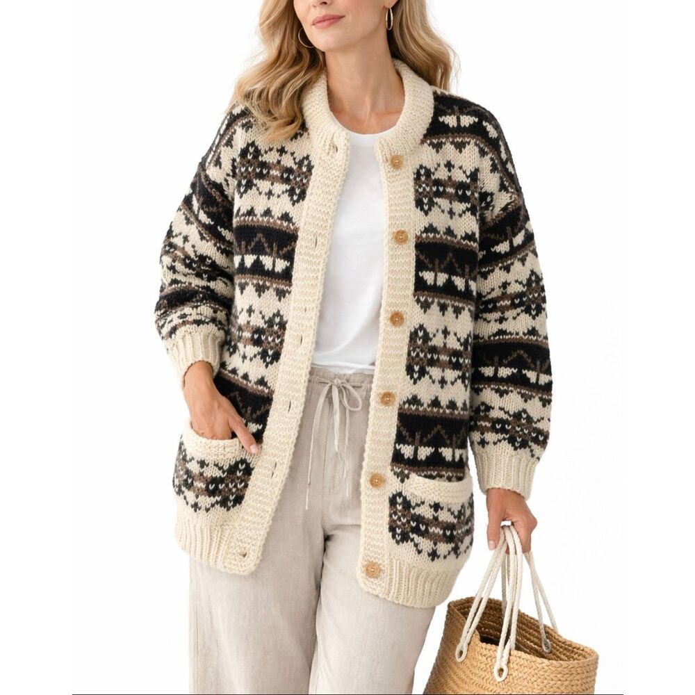 Hand Knit 100% Wool Fair Isle Cardigan Sweater Made in Nepal